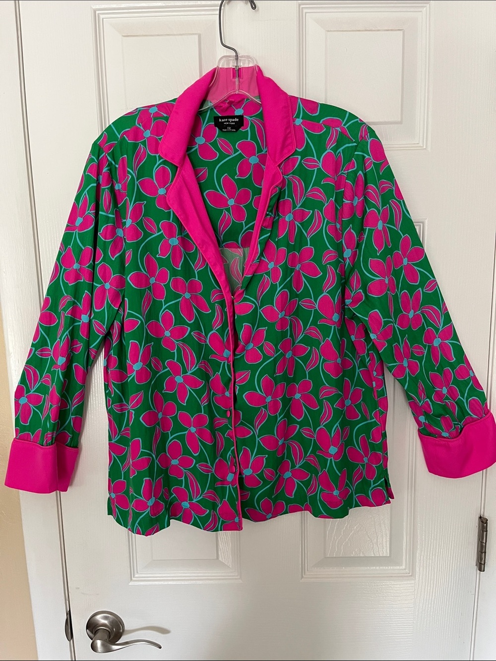 Kate Spade floral vines sleep shirt long sleeve button up green pink flowers LG